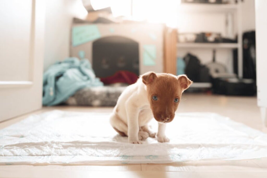 Cachorro em um tapete higiênico 