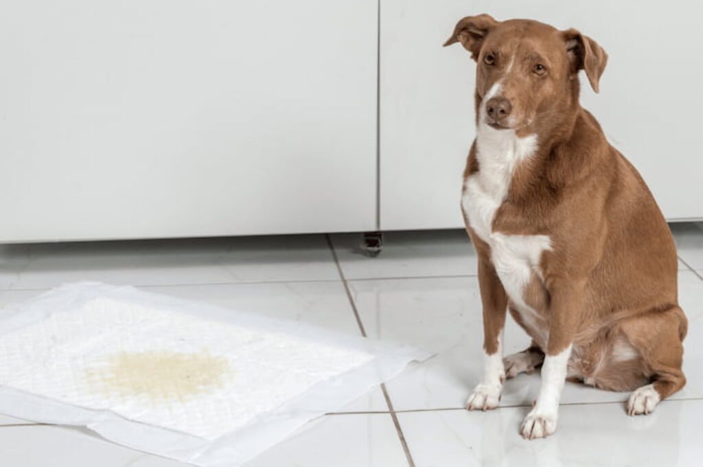 Cachorro ao lado do  tapete higiênico 